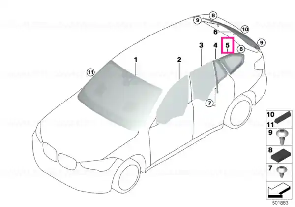 Premium Side window, rigid, rear left ALU SATINIERT - BMW